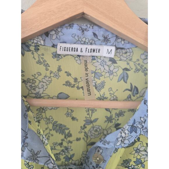 Figueroa & Flower Sheer Floral Button Down Blouse Blue Yellow Boho M Cottagecore - Picture 3 of 9